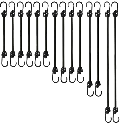 Joneaz Small Bungee Cords with Hooks Assorted Size of 12 inch, 18 inch,24 inch and 36 inch Length, Marine Grade Dip Coating Metal Hooks Without Sharp End, 1/4 inch Diameter Rubber Bungee Cord