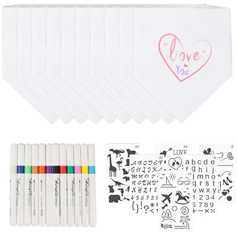 10 Pièces Bavoirs Bébé à Peindre Coton Blanc avec Marqueurs Textile | DAGORD Créatif Bavoirs Triangle Absorbants avec 12 Feutres Textile et 6 Pochoirs de Peinture pour Baby Shower Fille Garçon