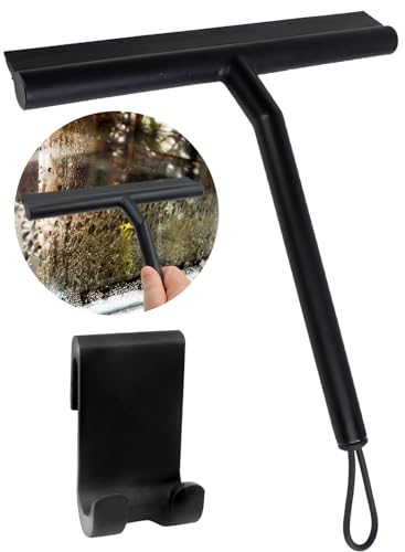 Silicone Shower Squeegee,Silicone Shower Squeegee with Hook & Lanyard,Black Window Glass Scraper Squeegee Shower Cleaner,Window Glass Scraper for Bathroom Mirror Wipe Car Glass Door Window(Black)