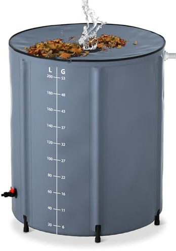 YUENFONG 200 l regntunna regnvattentunna 50 gallon vikbar regnvattentank med skalindikering PVC regntank med ABS-dräneringsventil, för trädgård, terrass, mörkgrå