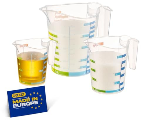 Winkly® 3 Stück Messbecher Set, 300/500/1000ml, Kunststoff Messbecher mit Griff und Skala, Bruchsicher und Spülmaschinengeeignet, BPA Free, Transparent