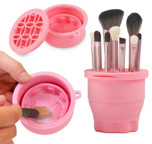 Ranphykx Makeup Brushes Cleaner Mat with Brush Storage Holder, Folding Portable Washing Tool for Makeup Cleaning, 2 In 1 Silicone Brush Cleaner Pad & Cosmetic Organizer Rack (Pink)