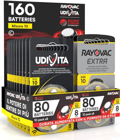 160 Batterie Per Apparecchi Acustici Auricolari Misura 10 PR70 (Gialle) 20 Blister da 8 Pile Tecnologia Sound Fusion - 160 Pile: 80 Rayovac + 80 Udivita