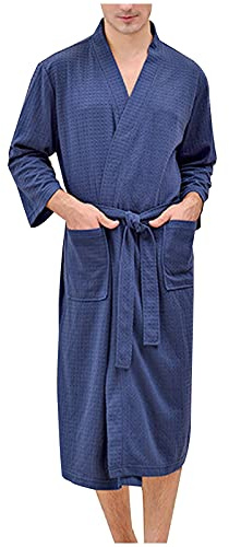 Waffle Dressing Gown Men Lightweight Thin Bathrobe Super Soft Mid Length Robe Breathable Cosy Loungewear Nightwear Bathrobes Pockets 3/4 Sleeve V Neck Sleepwear House Robes for All Seasons