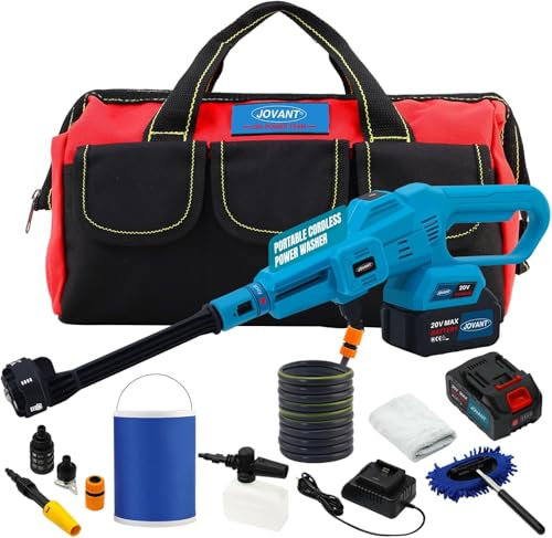 Akku-Hochdruckreiniger 750PSI Portable Power Cleaner mit 2x4.0Ah 20V Akku und Ladegerät, 6-in-1 Düse Hochdruckreiniger Pistole 3-Speed, Bürstenlose Handwaschanlage für Auto, Haus, Garten-JOVANT