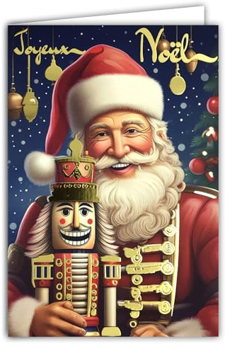 AFIE 61-5832 Carte Joyeux Noël avec texte Doré Brillant et enveloppe blanche format 12x17,5cm - Père-Noël tenant un casse-noisette soldat de bois - Fabriqué en France