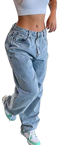 jeans femme taille haute coupe droite straight jean jean baggy ado fille coréen à la mode pantalon large femme fluide hiver chaud hanche jean boyfriend à jambs larges amincissant en denim (A, XS)