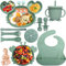 Kinyoda Vajilla Bebe Silicona, 10 Piezas Cubiertos Bebe, Silicona Vajilla Infantil Antideslizante Con Plato Bebe Ventosa Vasito Cuchara Babero, Vajilla de aprendizaje para comer destete(Verde)