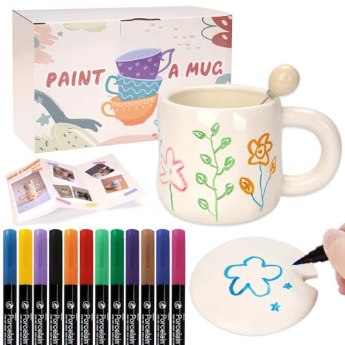 KKSJK Pintar Cerámica Kit Taza, Taza de Cerámica con Tapa, Asa y Cuchara, Taza de Cerámica Blanca y Rotuladores de Porcelana, Kit de Bricolaje Ocio Creativo para Adultos, Aptos para Lavavajillas