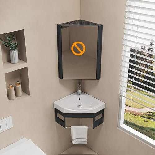 Pounjsd Lavabo de Esquina con Armario, Set Completo Lavabo/Fregadero de Pared 38cm, Lavabo esquinero pequeñc,Mueble de baño esquinero para Baño, Caravana, Cocina y Talleres, Negro