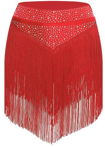 Oyolan Gonna da Donna per Balli Latini Tango Chacha Salsa Gonna con Frange e Strass Gonna da Ballo, rosso, M