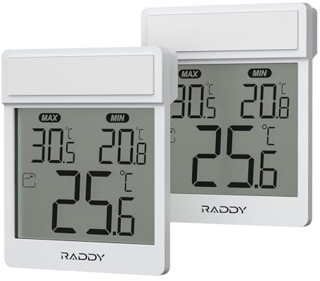 Raddy WT-1 Termómetro digital de ventana, IP44 resistente al agua interior exterior con pantalla LCD clara, registro Máx/Mín, montaje adhesivo, a batería para casa invernadero, paquete de 2 (Blanco)