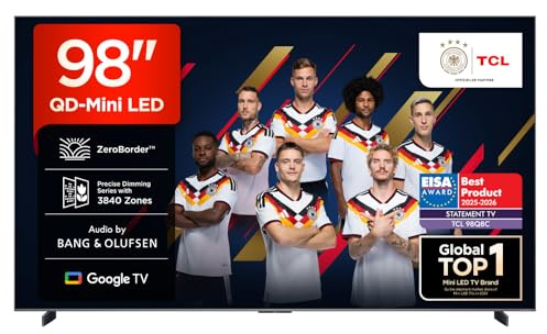 TCL 98Q8C 98 Zoll QD-Mini LED Fernseher, 4K HDR Premium 5000, ZeroBorder, Smart Google TV CrystGlow WHVA-Panel, Audio von Bang und Olufsen, 144Hz Motion Clarity Pro, Dolby Vision IQ und Atmos