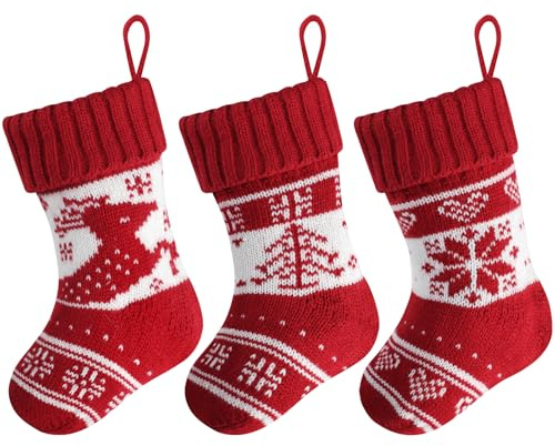 Nikolausstrumpf Klein, 3 Stück Gestrickte Weihnachtsstrumpf, Nikolausstiefel, Nikolaus Socken Hängende, Weihnachtssocken zum Befüllen für Kamin, Weihnachtsbaum, Weihnachtsdeko