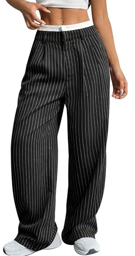 Odizli Anzughose Damen Elegant Sommer Leicht High Waist Gestreifte Baggy Bequeme Wide Leg Palazzo Weite Business Paperbag Hose Stoffhose Marlenehose Sommerhose Freizeithose Damenhose Schwarz M