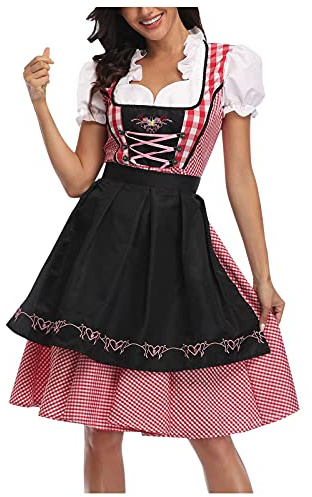 Oktoberfestdräkt för kvinnor, tysk dirndl-klänning, traditionell bayersk karneval, fest, 3-delad rutig klänning med förkläde, tjusig midikjol, ölkarneval, hembiträdeskostymer, Svart, XXL