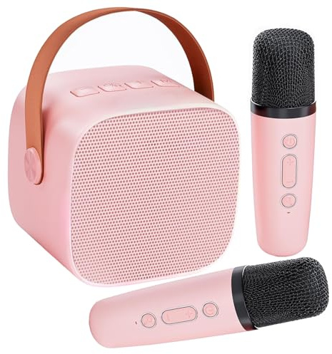 Karaoke Machine for Kids with 2 Wireless Microphones, Bluetooth Portable Speaker with Voice Changer, Birthday Gifts for Girls Boys Age 3-12, Compact Pink Design, Supports TF Card SD Card Music Play
