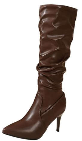 Generisch 2026 Botas altas hasta la rodilla de moda con punta puntiaguda tacón de aguja detalle de hebilla botas de cuero para el estilo de equitación elegante en invierno, café, 39 EU