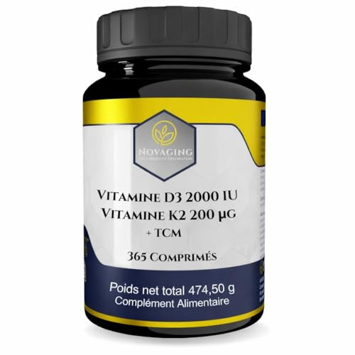 NovAging Vitamina D3 2000 UI K2 (Mk-7) 200 µg, MCT, Anti-invecchiamento - 365 compresse, fornitura per 1 anno, 100% vegano - Dosaggio preciso - Testato senza additivi, OGM o allergeni.