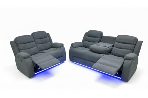 Madrid Fabric Electric Recliner Sofa with Cupholders – 3+2 Seater – USB Charging Ports – LED Lights – Fabric Recliner Sofa Set (Grey) (3+2 Seater) | Power Recliners