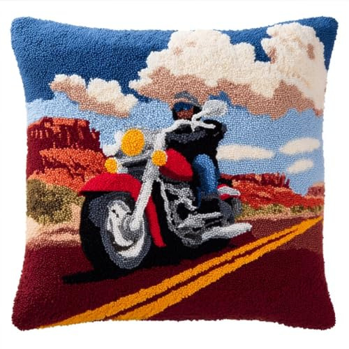 WallustrioaW Motorräder Diy Knüpfkissen Stickkissen Knüpfset Mit Bedruckter Leinwand Knüpfpackung Zum Selber Knüpfen Teppich 43Cmx43Cm Knüpfkissen Set Für Anfänger Erwachsene