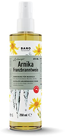 BANO Tiroler Arnika Franzbranntwein 250ml, Ideal vor und nach Sport, sowie bei Muskelkater, zum Kühlen schwerer Beine, enthält 65% vol. Alkohol, Latschenkieferöl, Menthol und Arnikaextrakt
