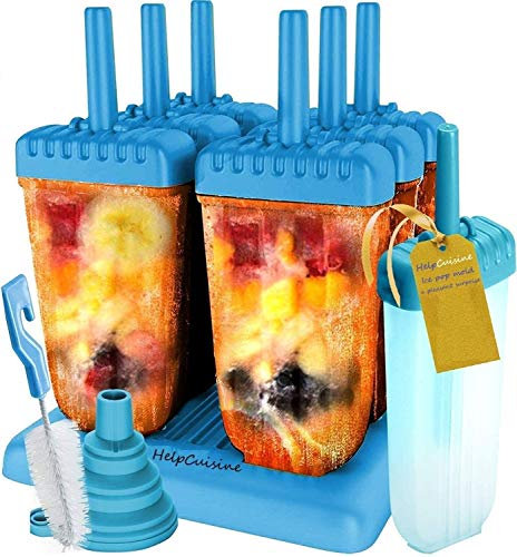 HelpCuisine® Ice Pop Mold/Moule à Glace, Moule Esquimaux realisé en Plastique de qualité superieur sans BPA et approuvé par la FDA, Lot de 6 sorbets avec Un Support, 24 Mois de Garantie! (Bleu)