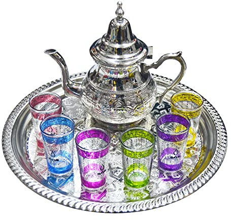 Ensemble de thé marocain complet. Théière 750 ml plateau 32 cm 6 verres typiques en verre