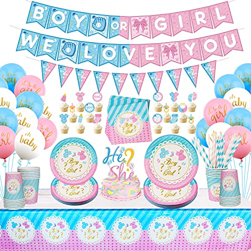 LSJDEER Forniture per feste Baby Gender Reveal - Ragazzo o ragazza ti amiamo Banner, tovaglia, cake topper, palloncini, piatti, tovaglioli, tazze, paglia, 25 ospiti - 202 pezzi