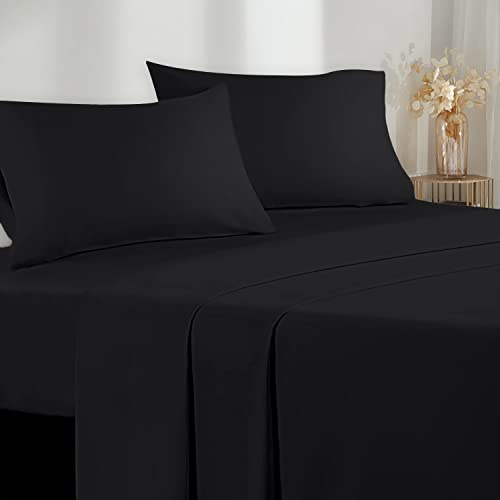 Poligino Lenzuola Matrimoniali 160x190/200cm - Completo Lenzuola 4 Pezzi in Microfibre - Lenzuolo con Angoli - Lenzuola Sopra - 2 Federa 50x80 - Nero