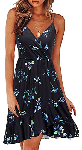 ULTRANICE Robe d'été pour Femme Col V Robe de Plage Bretelles Spaghetti réglables Robe décontractée(Floral-35,XL)