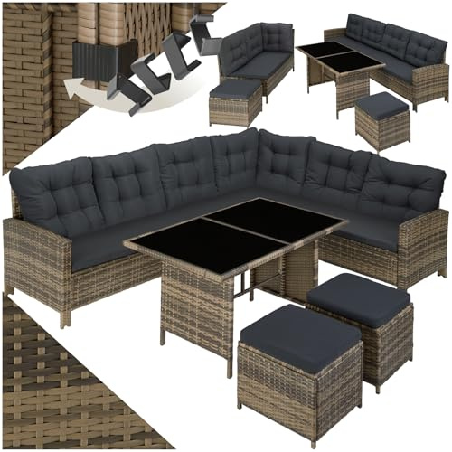 tectake® Salon de Jardin en Rotin Modulable 1 Canapé de Jardin Exterieur d’Angle 1 Table et 2 Tabouret Pouf Mobilier de Jardin pour Amenagement Balcon et Terrasse - Marron Naturel