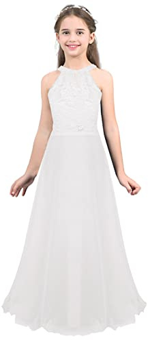 Mufeng Robe Longue Dentelle Fille Robe Mariage Soirée Communion Fête Anniversaire Baptême Costume Princesse pour Enfant 4-16 Ans Blanc 16 Ans