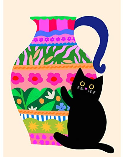 Wee Blue Coo Cat and Patterned Jug Vase Colourful Kitchen Large XL Wall Art Canvas Print