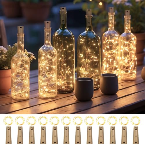 LEECOCO Guirlande lumineuse pour bouteilles de vin - Double capacité de batterie - 2 m - 20 LED - Durée d'éclairage extra longue - Fil de cuivre - Pour Noël, décoration de fête (12 pièces, double
