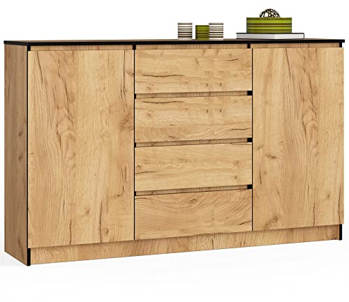 AKORD Kommode K 160 cm | 4 Schubladen und 2 Türen | für Wohnzimmer Schlafzimmer Schrank Wohnzimmer | Modernes Funktionelles Design | Schichtstoffplatte 16mm | Handwerk Eiche