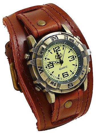 Silverora Montre pour homme en cuir pour homme : punk analogique à quartz montre gothique réglable en cuir véritable montres avec larges poignets accessoires d'Halloween cadeaux pour hommes garçons,