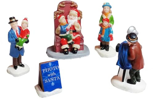 MOMENTS IN TIME Hand Painted Polyresin Christmas Village Set of 5 Family with Santa Figurines Miniature Holiday Scene for Christmas Villages Gift Ready Packaging Collectible Decoration