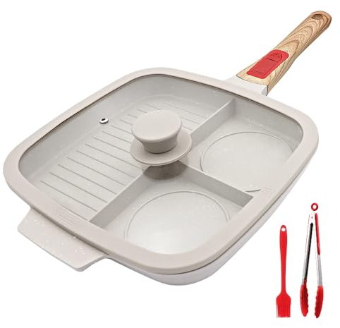 Bobikuke Bistecchiera Antiaderente con Manico Rimovibile e Coperchio, Padella Grill Quadrata 3 Sezioni, Induzione Compatibile - Bianco