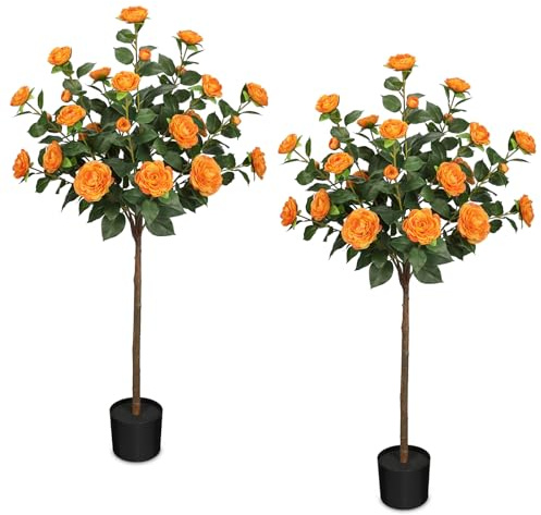 Arborus 2PCS Artificial Blossom Tree 120cm Faux Camellia Tree in Black Pot Large Indoor Plant Tall Fake Plant Realistic Artificial Trees Faux Orange Flower Trees for Home Living Room Office
