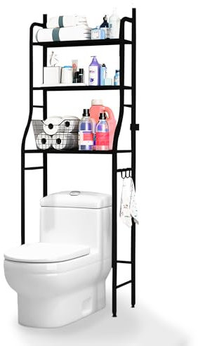 JUPPLIES Estanteria Baño sobre Inodoro (47×26×153 cm) - Mueble Baño WC de 3 Niveles con Patas Regulables y Soporte Antivuelco - Estante de Almacenamiento Impermeable, Organizador para Toallas - Negro