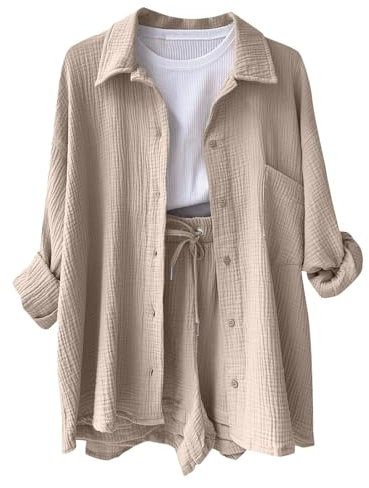 Generisch Musselin Bluse Damen Hemd und Shorts Zweiteiler Einfrabige Sommer Lounge Set Strand Outfit Suit Elegant Aesthetic 2 Teiler Clothes Kleidung Kurz Hosenanzug Casual Two Piece Sommerbluse 2024