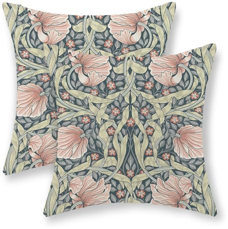 JEFERSO Grön rosa blommig kuddöverdrag 45 x 45 cm set med 2 William Morris prydnadskuddar vintage botanisk blomma konst dekorativa kuddöverdrag utomhusdekor bondgård linne kuddfodral för soffa