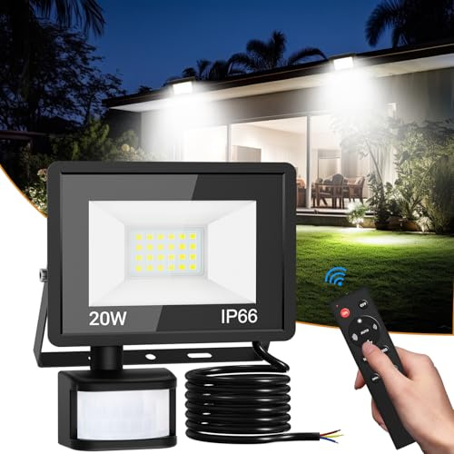 vighep Led Strahler mit Bewegungsmelder Außen, 20W Superhell LED Fluter mit Fernbedienung, IP66 Wasserdicht Scheinwerfer, 6500K Kaltweiß Aussenlampe für Garten Garage Hof Wand