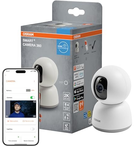 Osram SMART+ WiFi Kamera 360° 4MP 2K QHD, Schwenk-Neige, Nachtsicht 7m, Zwei-Wege-Audio, Alexa kompatibel, Weiß