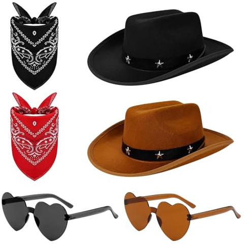 Yozexin 6 Pack Cowboy Dress,Black & Brown Star-Studded Cowboy Hats,Paisley Bandana & Heart Sunglasses,Western Fancy Dress for Hen Parties, Stag Dos, Halloween & Themed Events