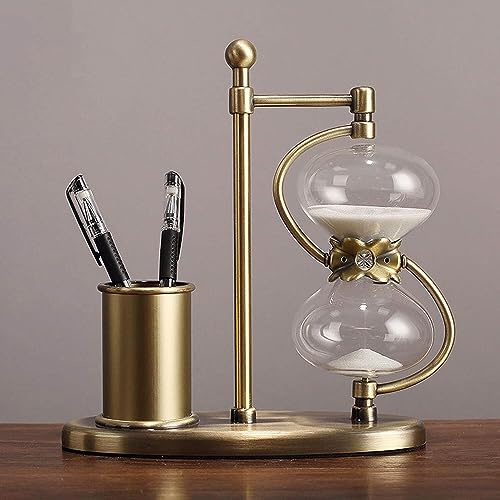 Reloj de Arena Antiguo Grande con Soporte for bolígrafos, Giratorio 360°, de Metal y Cristal en Tono latón (60 Minutos)(60 Minutes)