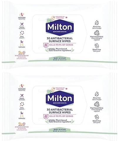 2 x Milton Antibacterial Surface Wipes 60 Pcs – Plant-Based Cleaning Wipes for Baby Products & Home, Suitable for Toys, Phones, Highchairs & Surfaces, Rinse-Free, Bleach-Free Household Cleaning