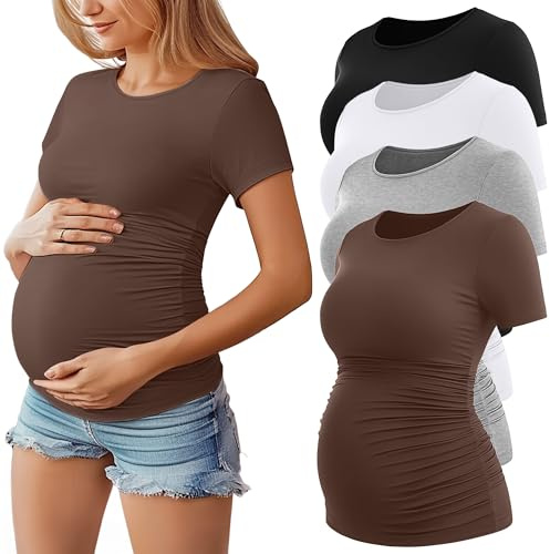 Geyoga Paquete de 4 Camisetas de Maternidad para Mujer De, Manga Corta, Cuello Redondo y Fruncido Lateral(Negro, Blanco, Gris Claro, Café,L)