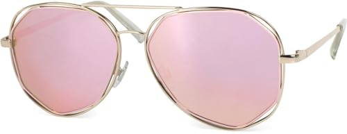 styleBREAKER gafas de sol con efecto bicromado, gafas de aviador/piloto con lentes angulosas y bisagras de muelle, unisex 09020068, color:Dorado montura/Fucsia vidrio de espejo